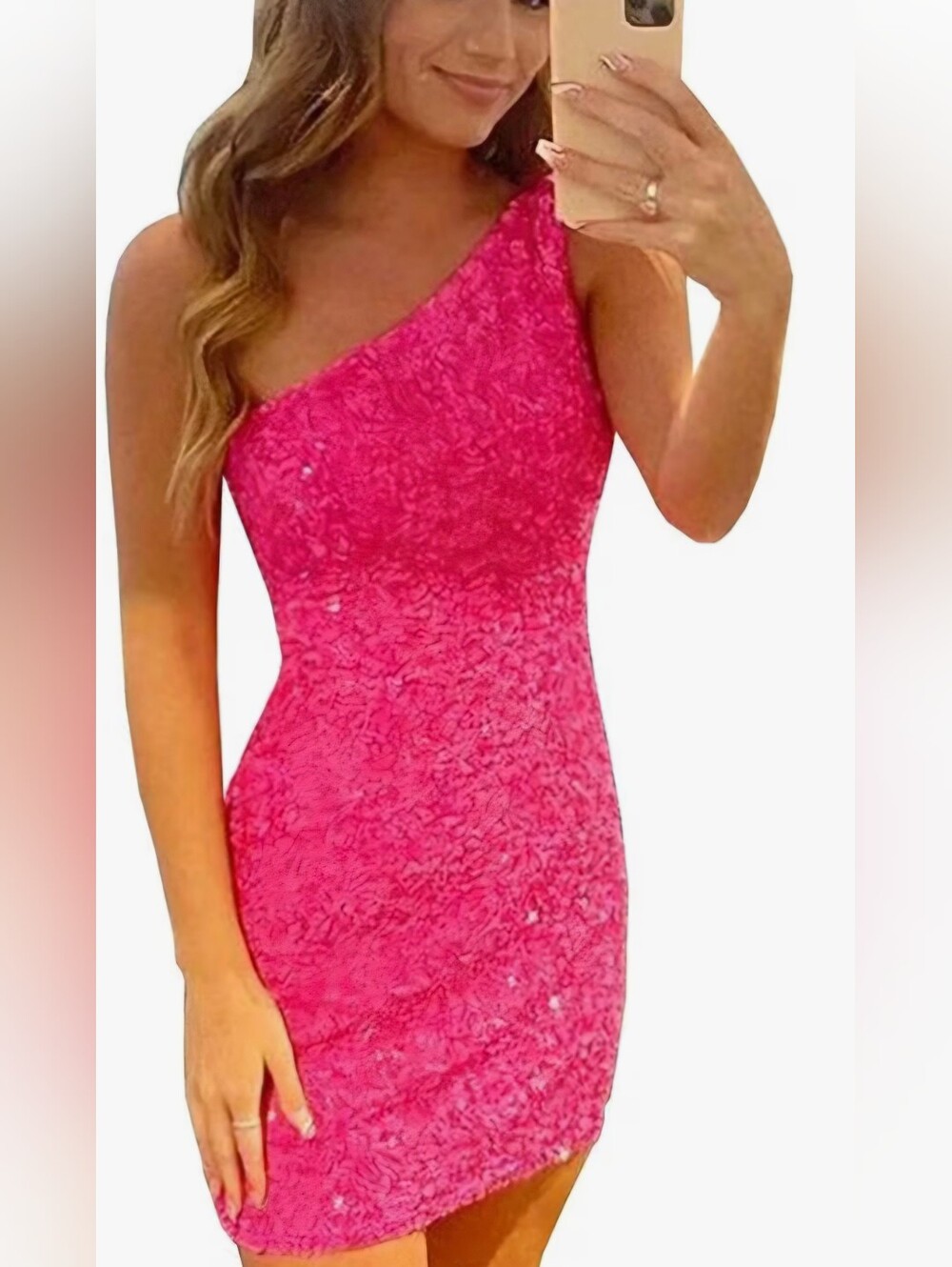 Pink One Shoulder Sequin Homecoming Dress - Size 2